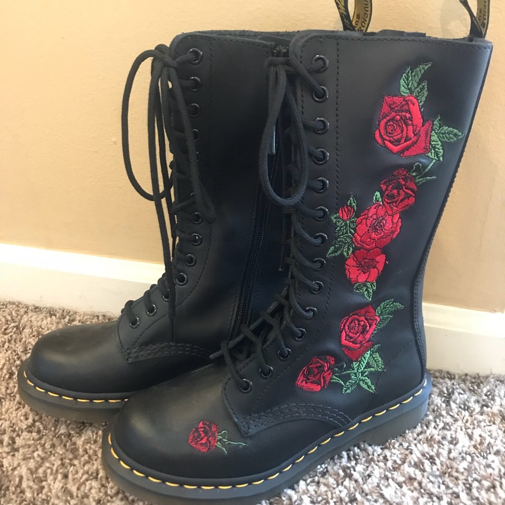 Black Doc Martens size 6 red rose design.